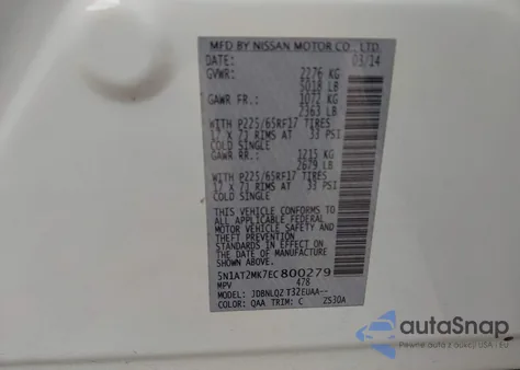 2014 Nissan Rogue Sv z USA, uszkodzony, nr VIN 5N1AT2MK7EC800279